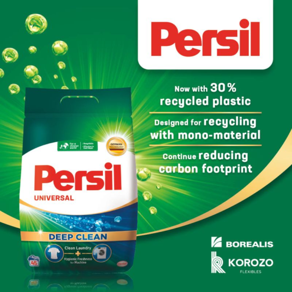 Flexible packaging for all the Henkel Laundry Powder Detergents with 30% post-consumer recycled plastic can be found now on shelfs in Central Eastern Europe.