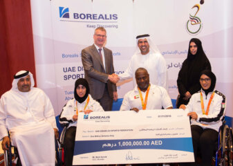 In the middle/standing; H.E. Mohamed M. Al Hameli UAE Disabled Sports Federation Chairman and Mark Garrett, Borealis Chief Executive at Borealis Social Fund event